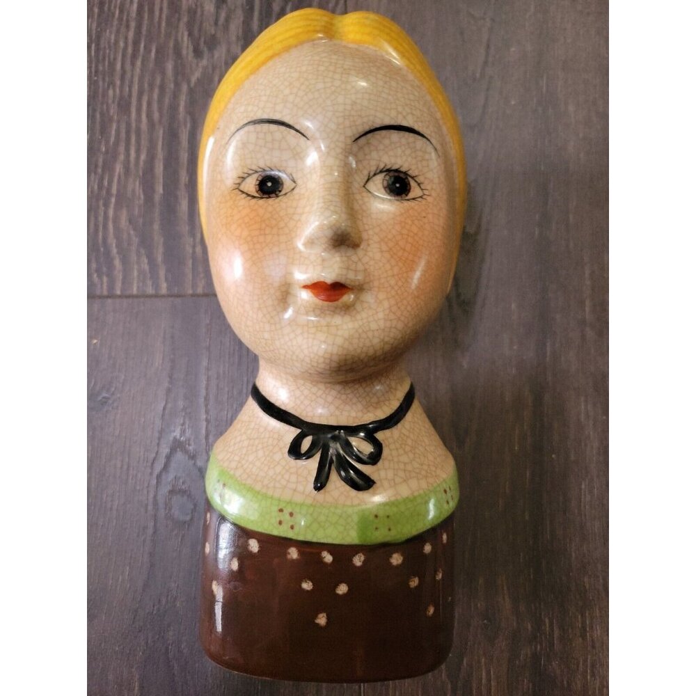 Head Vase Scandinavian Folk Art Brown Green Dress Snood Ribbon Hair 9in Vtg